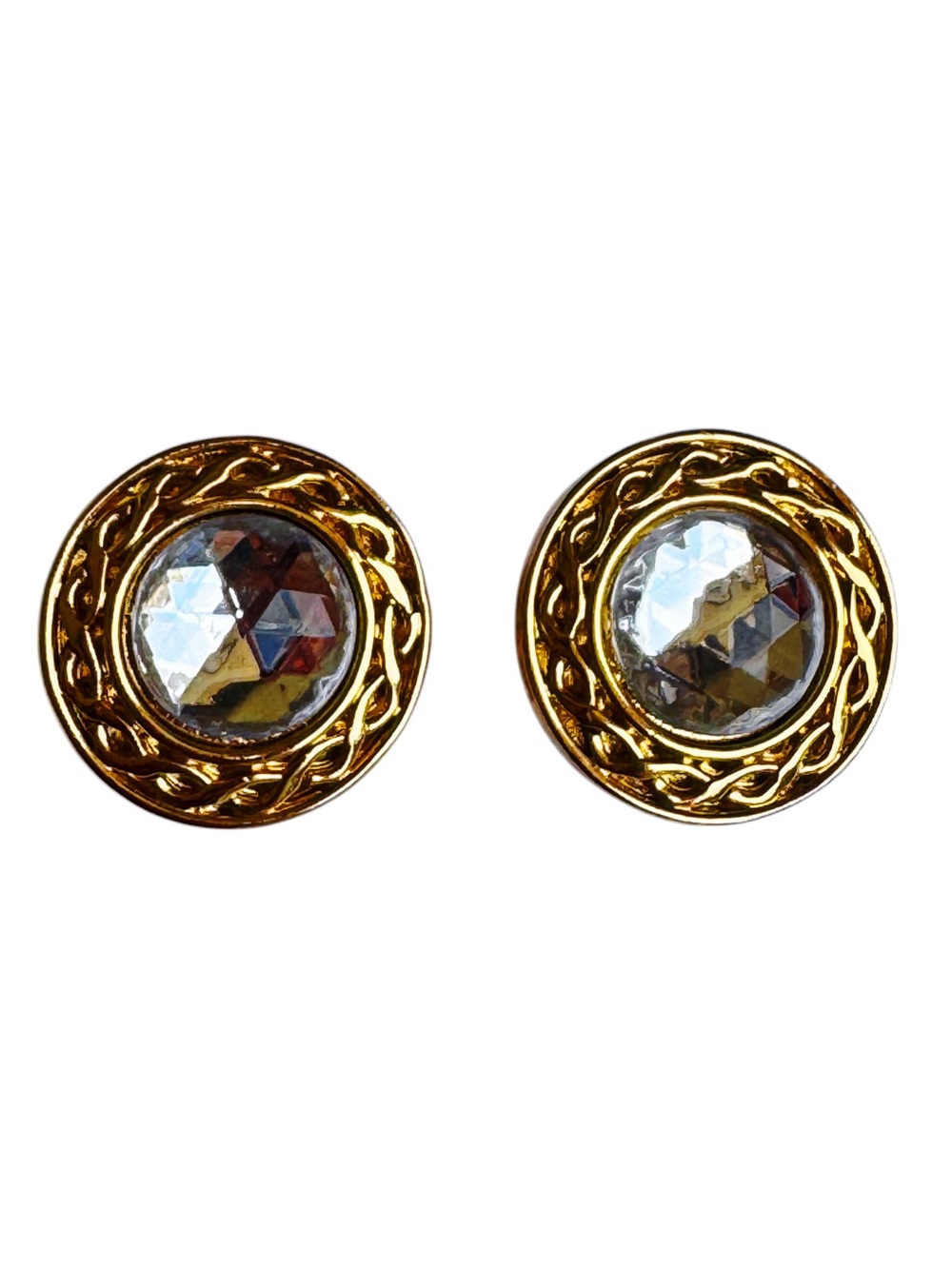 Vintage Liz Claiborne Faceceted Crystal & Gold braided Round Clip on Earrings
